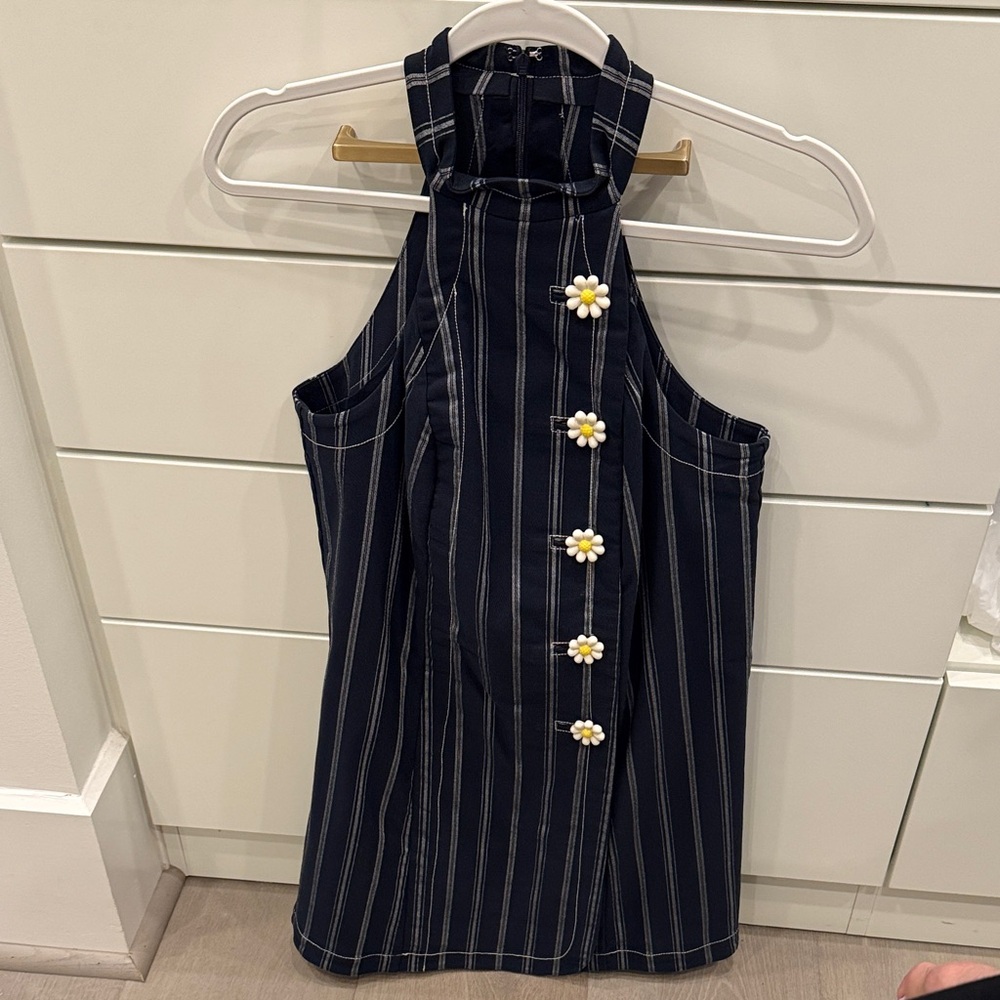 Maeve Anthropology, Navy Pinstripe Halter Dress with Daisy Buttons NWTags